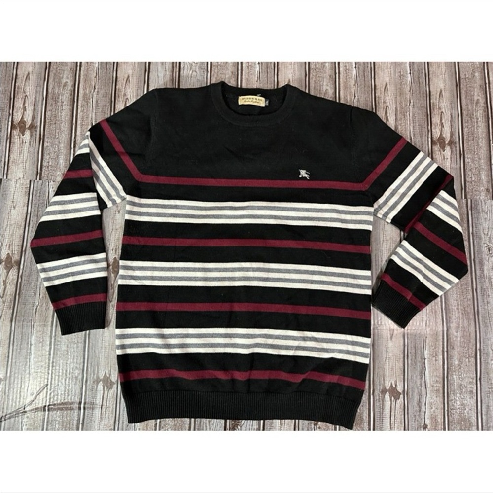 Burberry Black and White Crewneck Sweater with Striped Design
